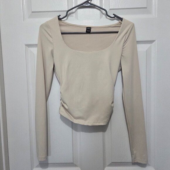 Shein Tall Scoop Neck Ruched Size Long sleeve Beige Cropped Top Size XS - Picture 3 of 9